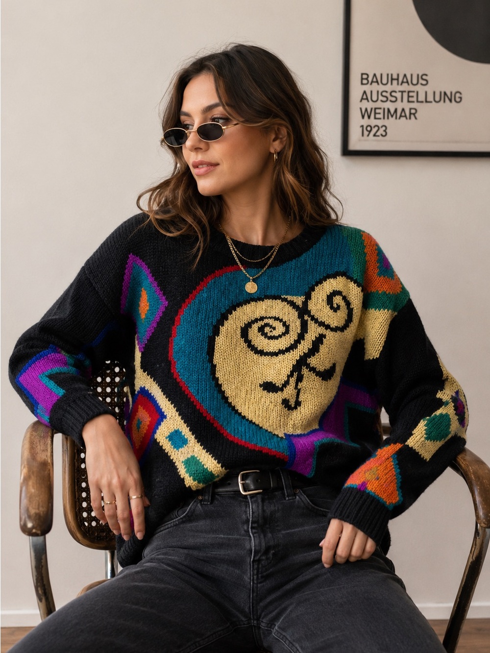 Jessica LTD Vintage 80’s Black Multicolor Geometric Aztec Art to Wear Sweater